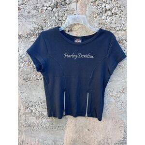 vtg harley davidson shirt made in USA double zippers baby doll tee Grunge Dark L